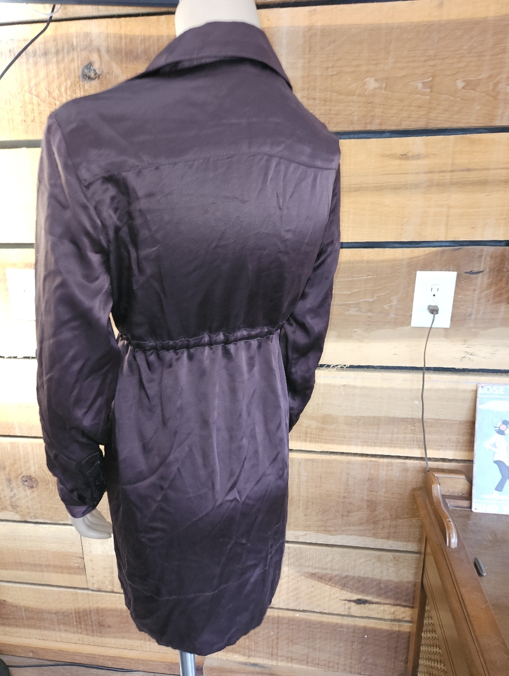 DREW 100% Silk Chocolate Brown Pintuck Pleated Tie-Waist Shirt Dress Parisian Md - Picture 3 of 8